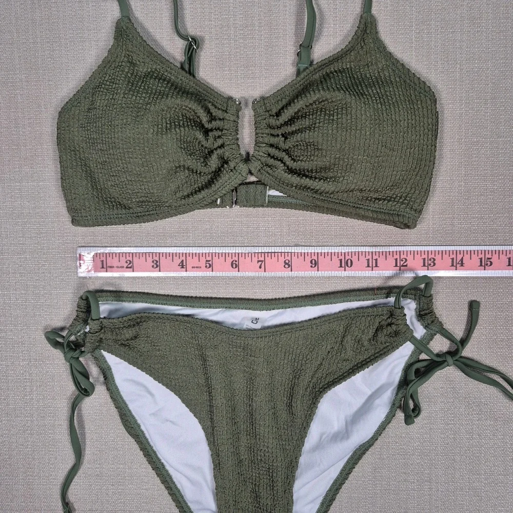 Blooming Jelly Womens Olive Green Smocked Bikini Set Two Piece Swimsuit Size M